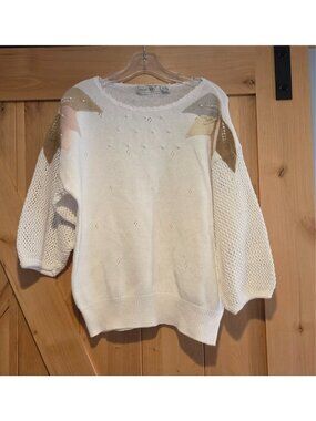 New! VTG 80s 90s Sweater Sz XL Leaf Shoulder Quirky Dolman Mesh Sleeve Maurada